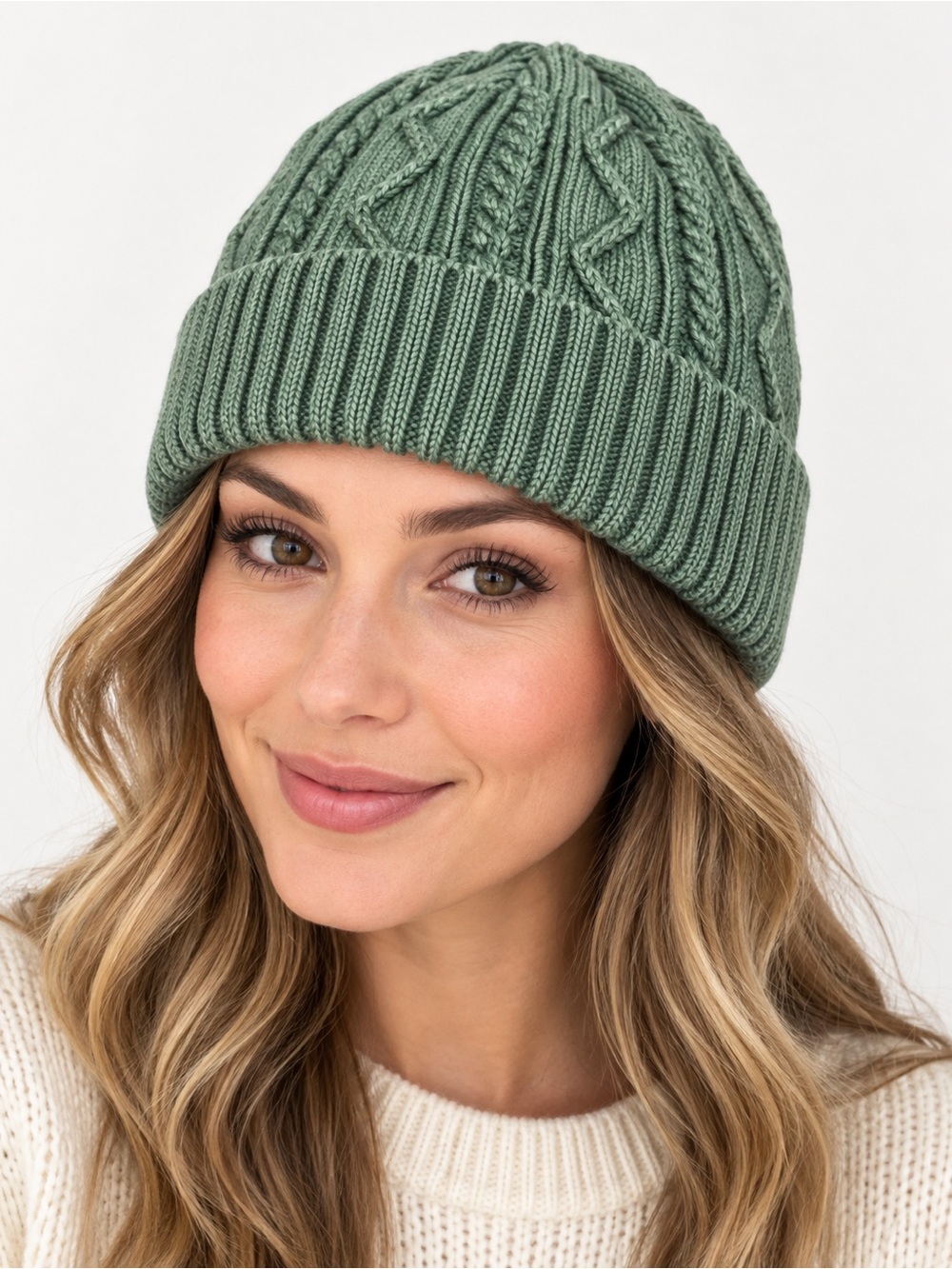 Free People Sage Green Cable Fold Cuff Beanie